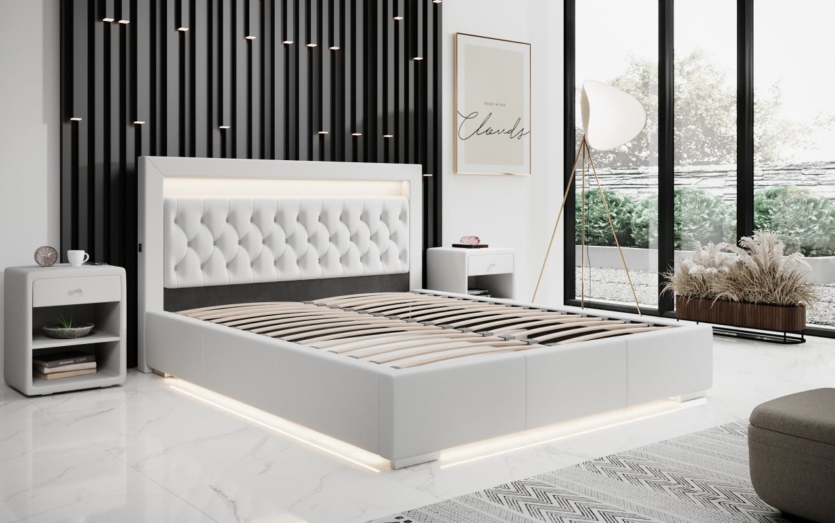Infinity Designer Polsterbett mit RGB, USB und Stauraum, 140x200, Grau