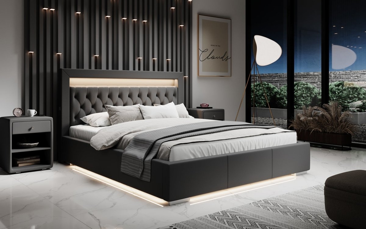Infinity Designer Polsterbett mit RGB, USB und Stauraum, 140x200, Grau