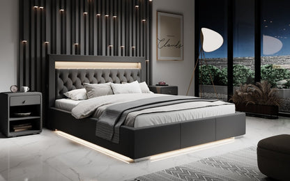 Infinity Designer Polsterbett mit RGB, USB und Stauraum, 140x200, Grau
