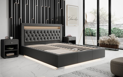 Infinity Designer Polsterbett mit RGB, USB und Stauraum, 140x200, Grau