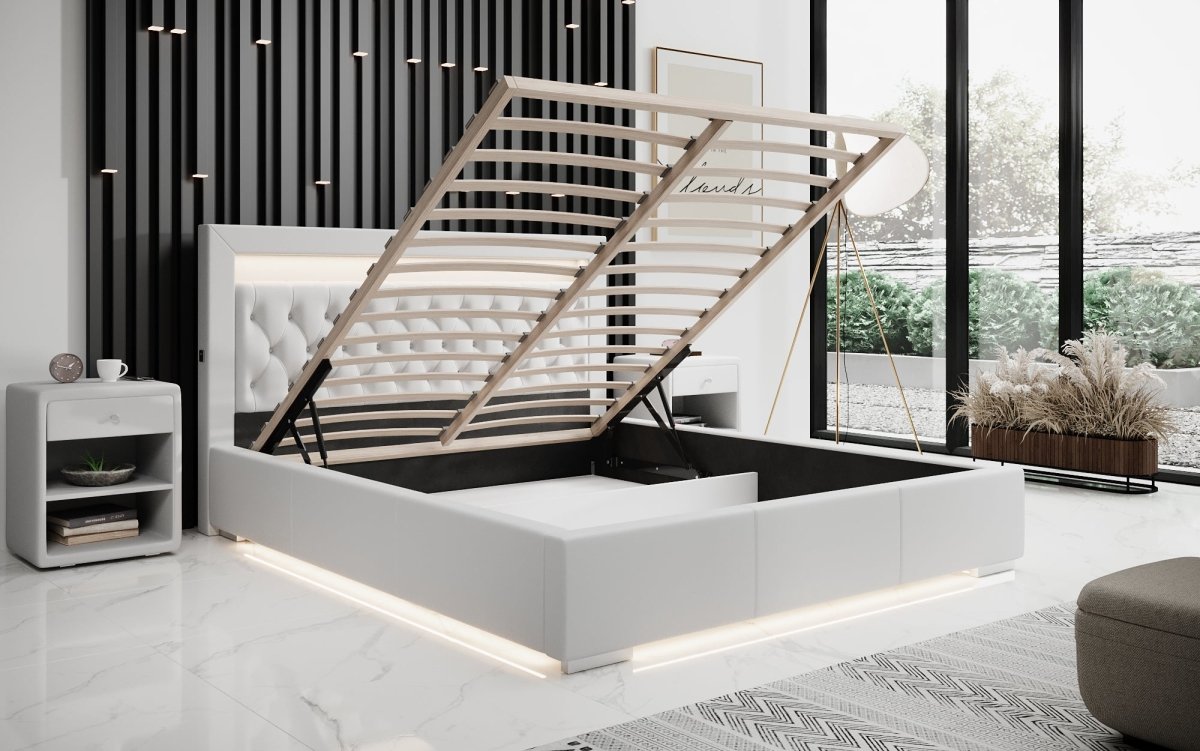 Infinity Designer Polsterbett mit RGB, USB und Stauraum, 140x200, Grau