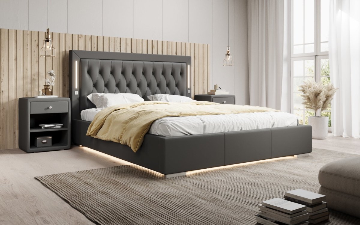 Luxusbetten24 Designer Polsterbett Rio inkl. RGB, USB und Stauraum
