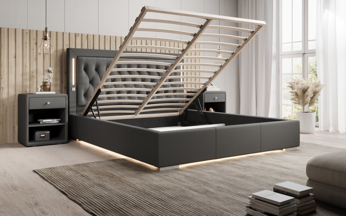 Luxusbetten24 Designer Polsterbett Rio inkl. RGB, USB und Stauraum