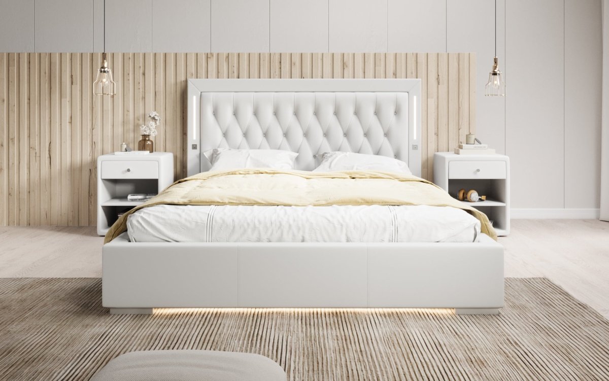 Luxusbetten24 Designer Polsterbett Rio inkl. RGB, USB und Stauraum