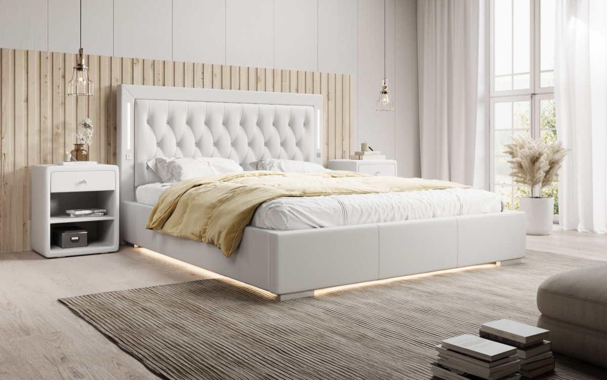 Luxusbetten24 Designer Polsterbett Rio inkl. RGB, USB und Stauraum