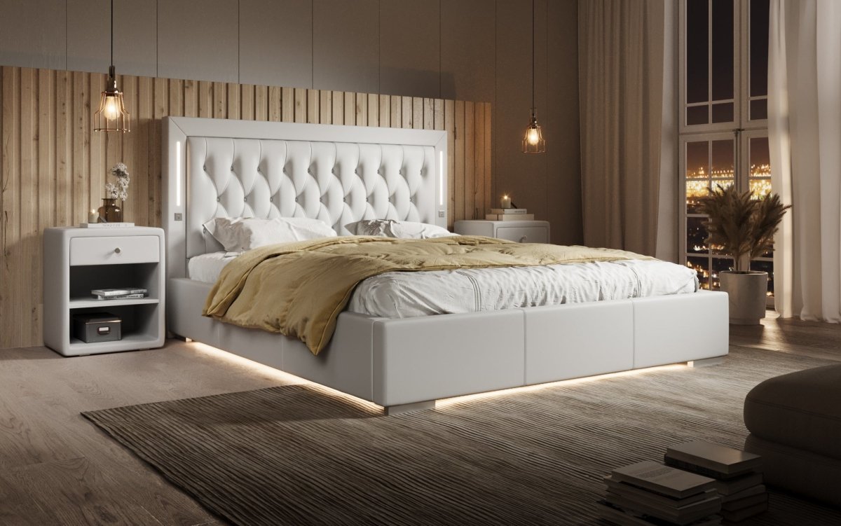 Luxusbetten24 Designer Polsterbett Rio inkl. RGB, USB und Stauraum