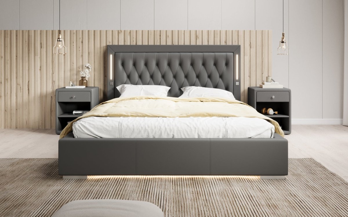 Luxusbetten24 Designer Polsterbett Rio inkl. RGB, USB und Stauraum
