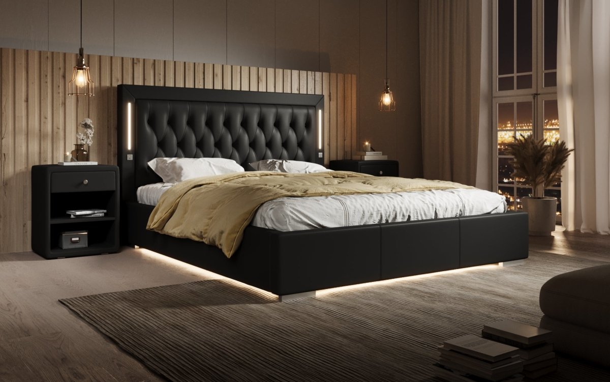 Luxusbetten24 Designer Polsterbett Rio inkl. RGB, USB und Stauraum