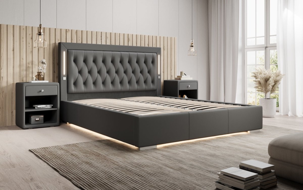 Luxusbetten24 Designer Polsterbett Rio inkl. RGB, USB und Stauraum