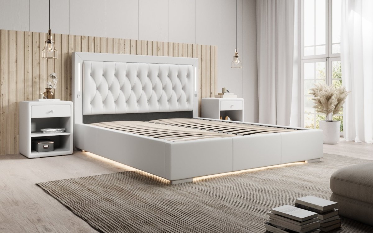 Luxusbetten24 Designer Polsterbett Rio inkl. RGB, USB und Stauraum