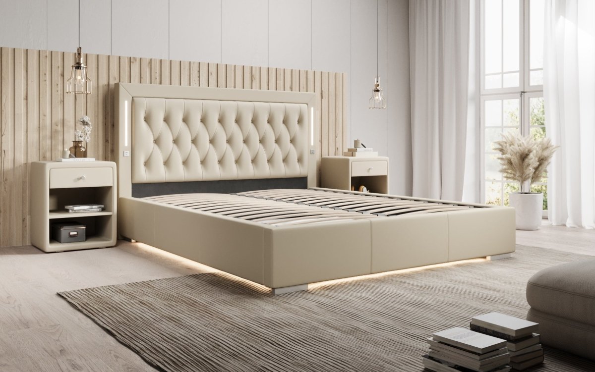 Luxusbetten24 Designer Polsterbett Rio inkl. RGB, USB und Stauraum