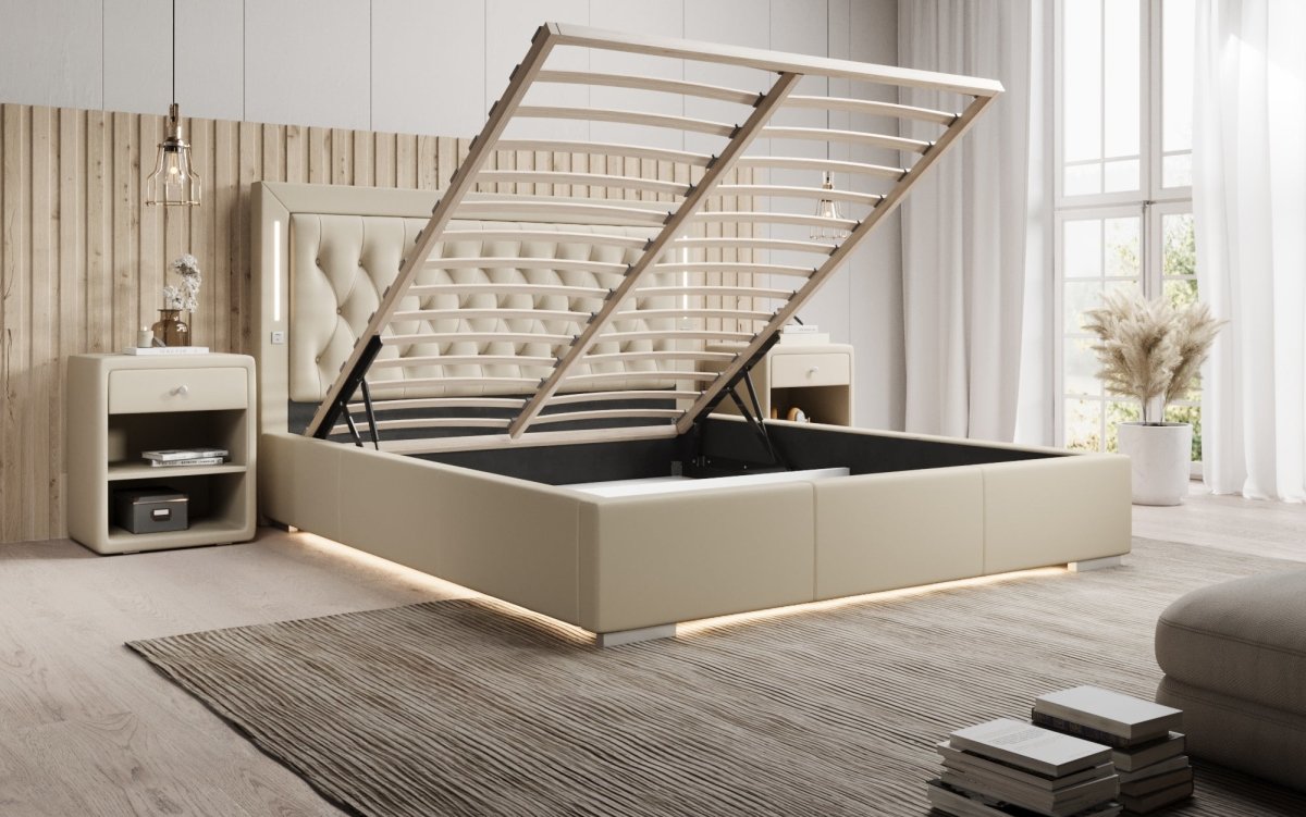 Luxusbetten24 Designer Polsterbett Rio inkl. RGB, USB und Stauraum