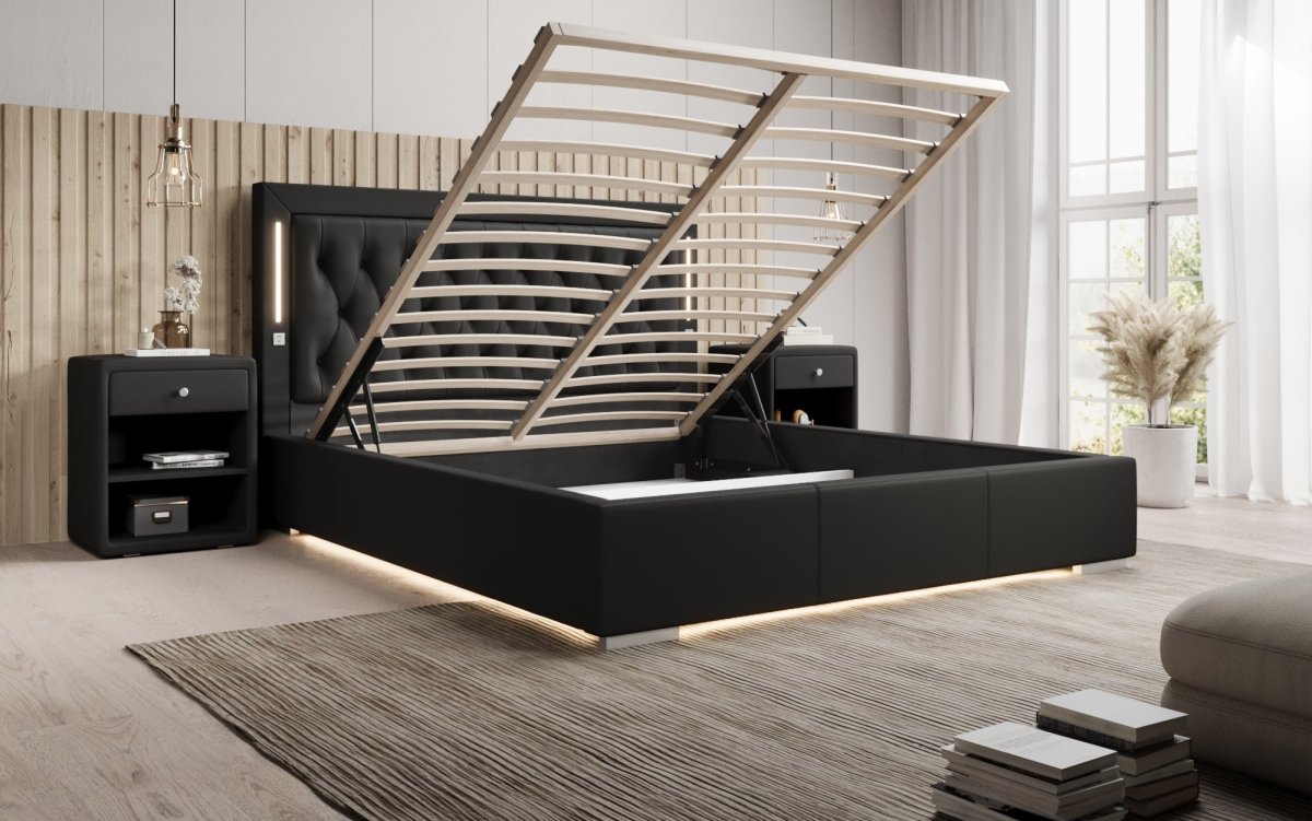 Luxusbetten24 Designer Polsterbett Rio inkl. RGB, USB und Stauraum