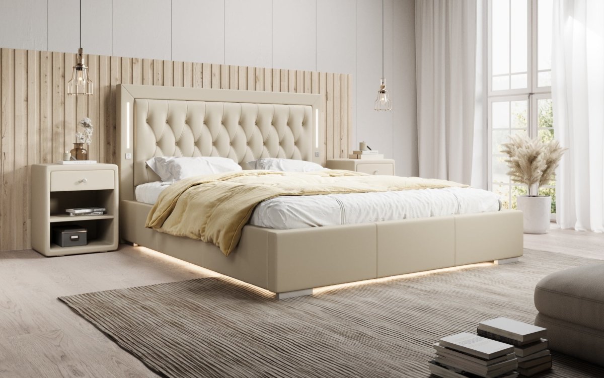 Luxusbetten24 Designer Polsterbett Rio inkl. RGB, USB und Stauraum