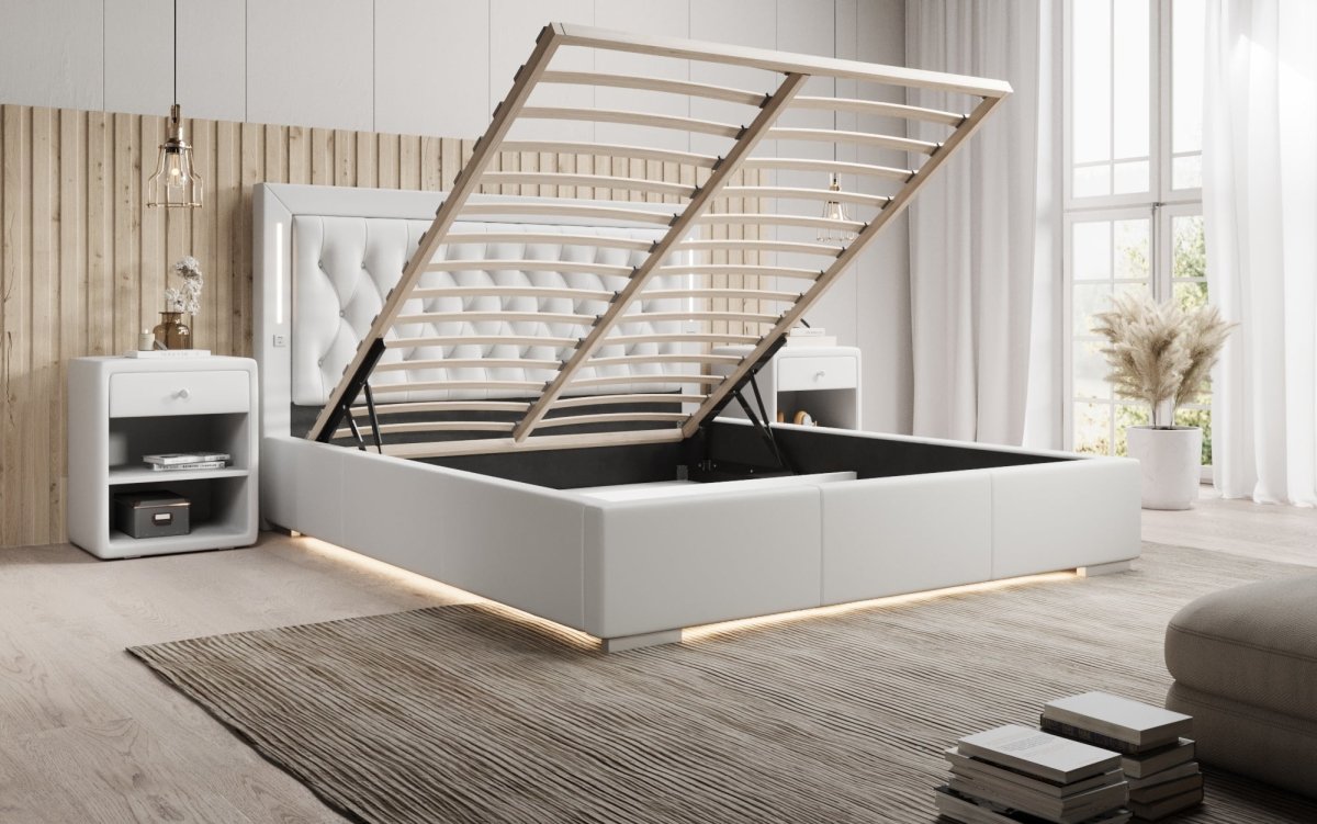Luxusbetten24 Designer Polsterbett Rio inkl. RGB, USB und Stauraum