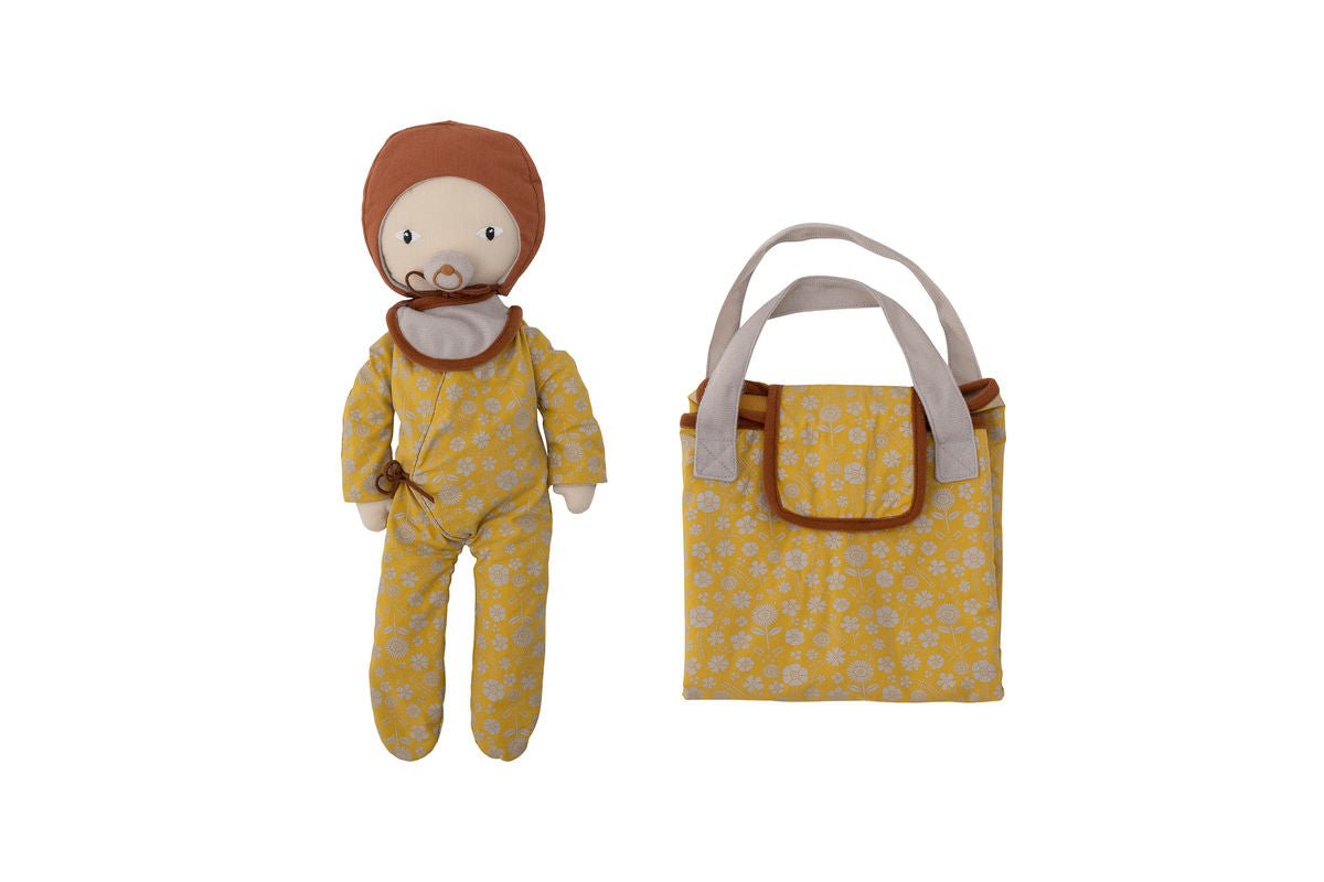 Luxusbetten24 Alin Spielset Wickelzubehör und Kuschelpuppe im Blumenoutfit Braun
