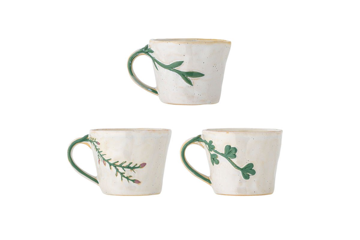 Luxusbetten24 Becher-Set Kivon – Blumenmotiv Steingut 3‑teilig Natur Handgefertigt