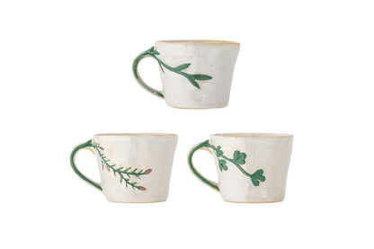 Luxusbetten24 Becher-Set Kivon – Blumenmotiv Steingut 3‑teilig Natur Handgefertigt