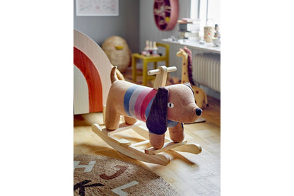 Kinder Schaukelpferd Maria – Weiches Stoff‑Schaukelspielzeug mit Holzgestell, Bunt