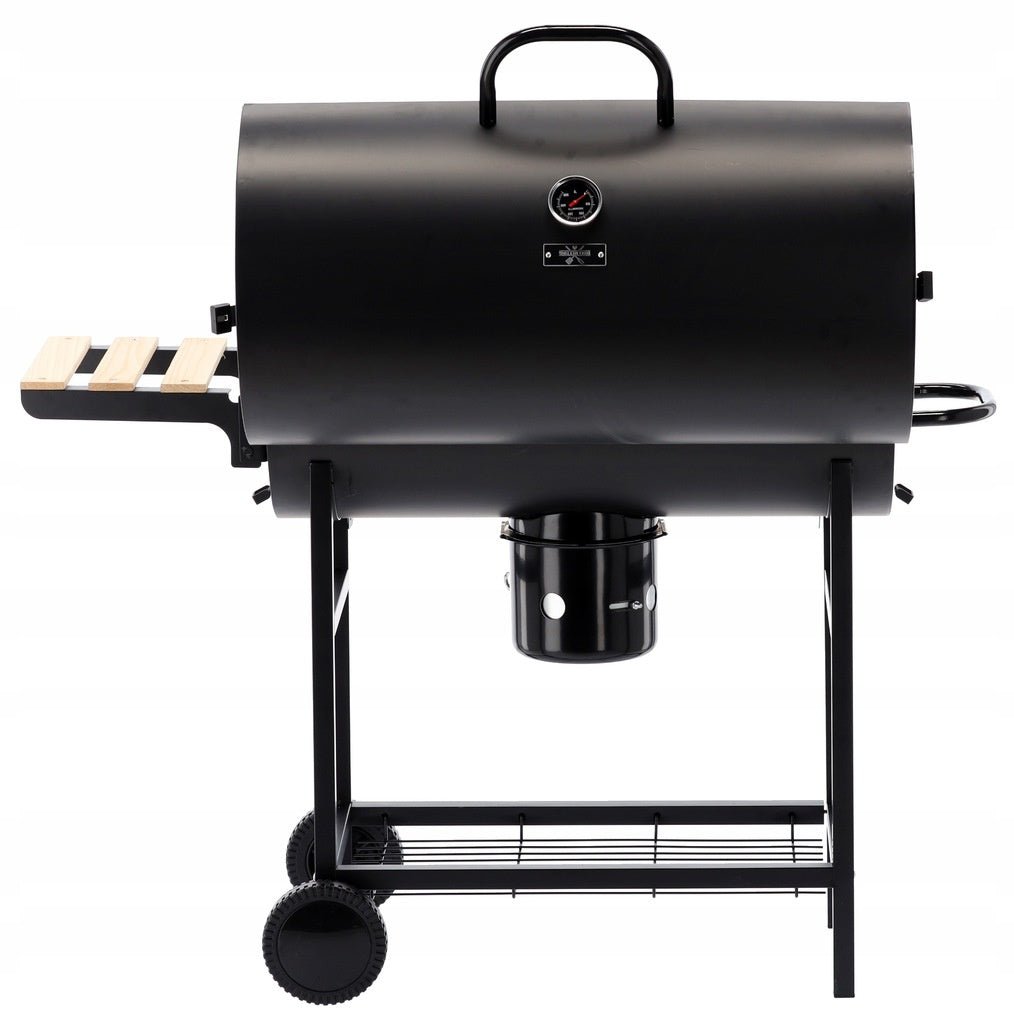 BarrelPro Holzkohlegrill mit Deckel, Thermometer und Ablagen – Schwarz
