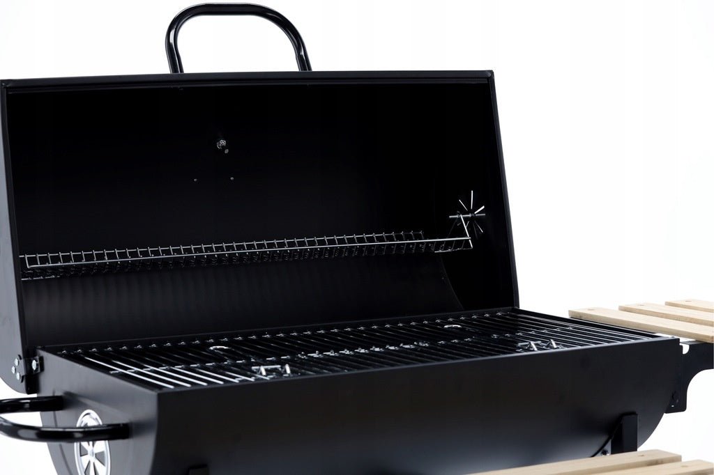 BarrelPro Holzkohlegrill mit Deckel, Thermometer und Ablagen – Schwarz