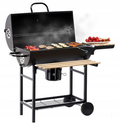 BarrelPro Holzkohlegrill mit Deckel, Thermometer und Ablagen – Schwarz