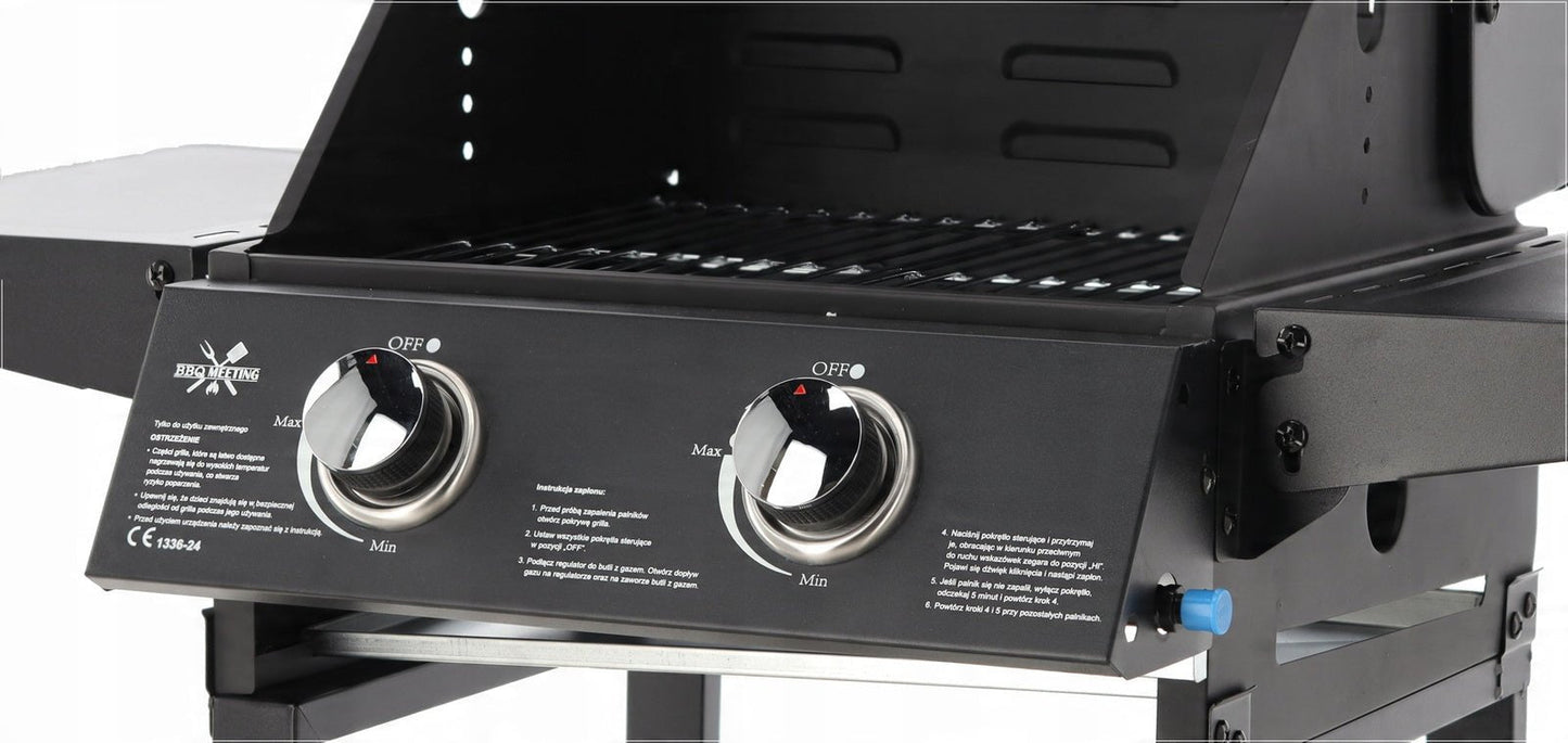 BarbecuePro Gas Grillwagen – Schwarz, 2‑Brenner, Thermometer, Klappbare Tische