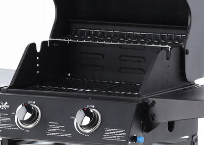 BarbecuePro Gas Grillwagen – Schwarz, 2‑Brenner, Thermometer, Klappbare Tische
