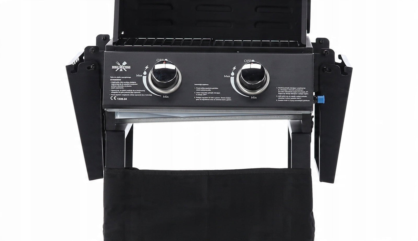 BarbecuePro Gas Grillwagen – Schwarz, 2‑Brenner, Thermometer, Klappbare Tische