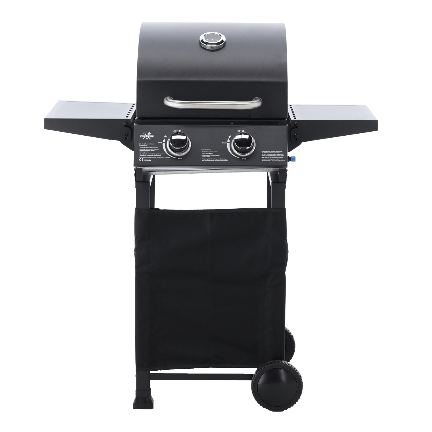 BarbecuePro Gas Grillwagen – Schwarz, 2‑Brenner, Thermometer, Klappbare Tische