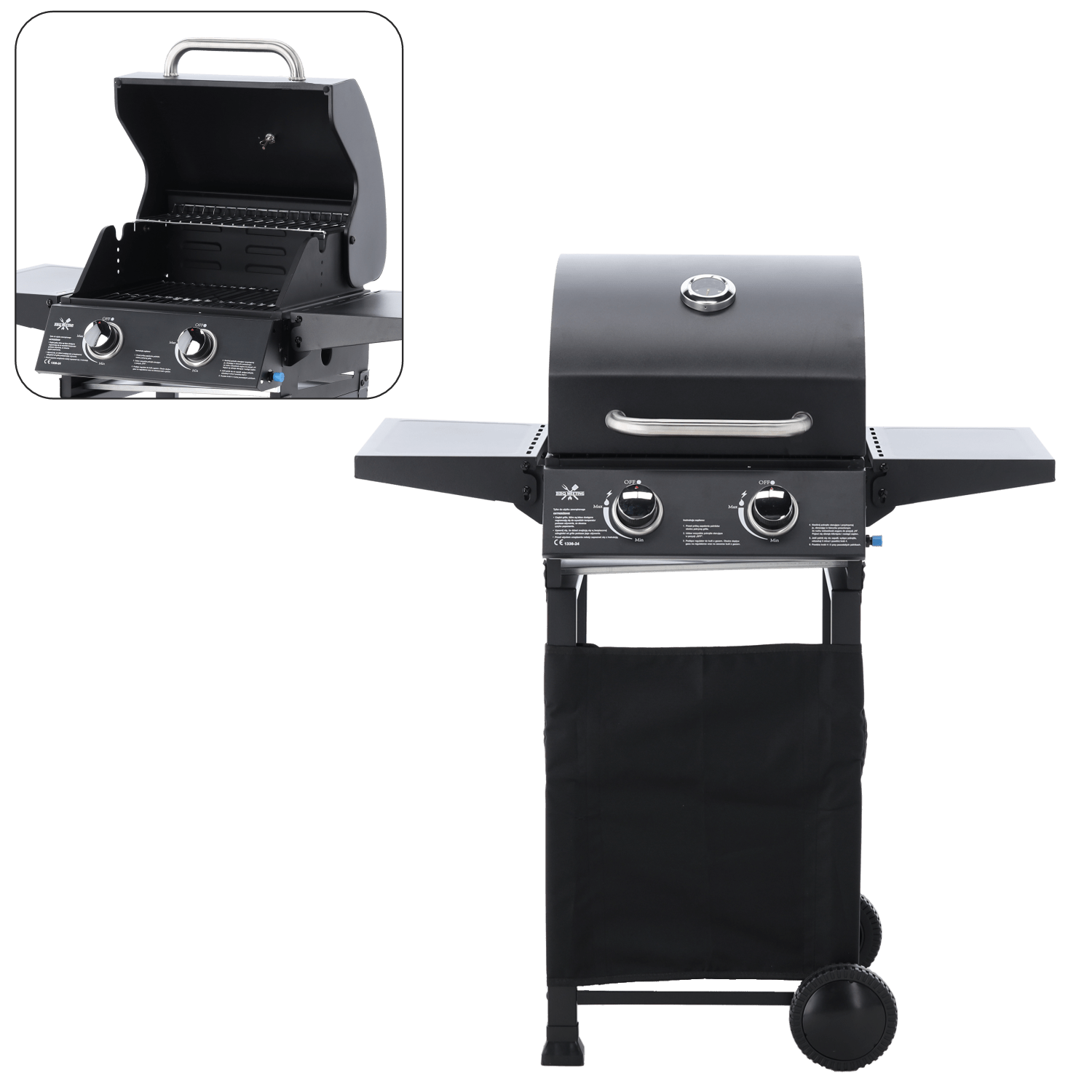 BarbecuePro Gas Grillwagen – Schwarz, 2‑Brenner, Thermometer, Klappbare Tische