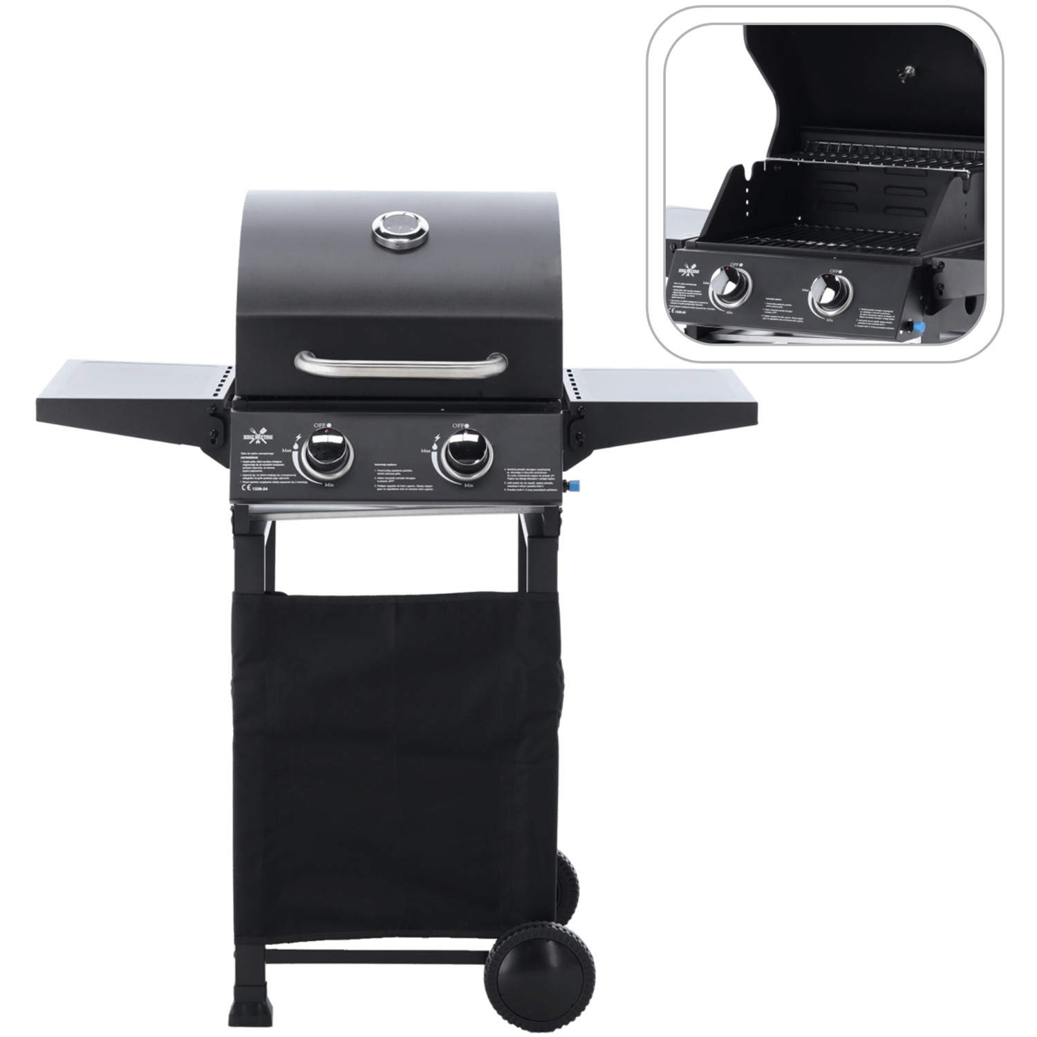 BarbecuePro Gas Grillwagen – Schwarz, 2‑Brenner, Thermometer, Klappbare Tische