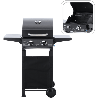 BarbecuePro Gas Grillwagen – Schwarz, 2‑Brenner, Thermometer, Klappbare Tische