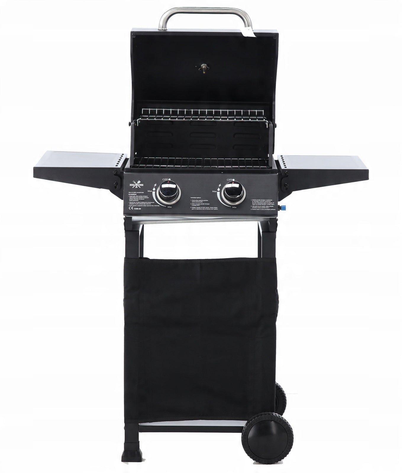 BarbecuePro Gas Grillwagen – Schwarz, 2‑Brenner, Thermometer, Klappbare Tische