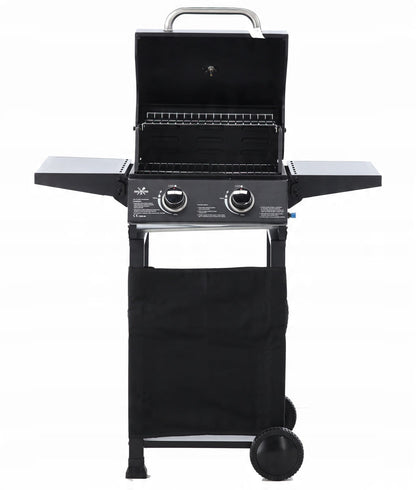 BarbecuePro Gas Grillwagen – Schwarz, 2‑Brenner, Thermometer, Klappbare Tische