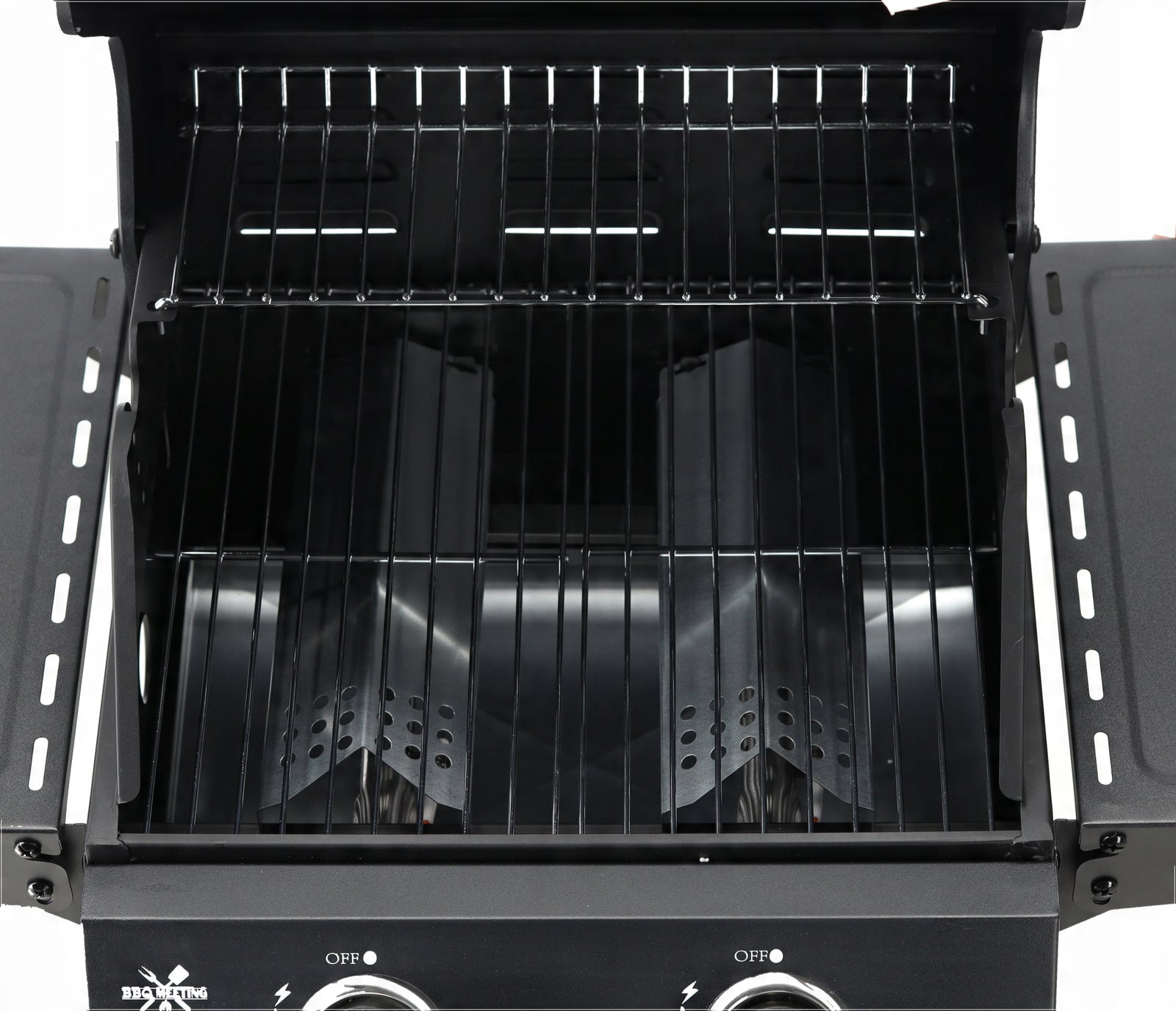 BarbecuePro Gas Grillwagen – Schwarz, 2‑Brenner, Thermometer, Klappbare Tische