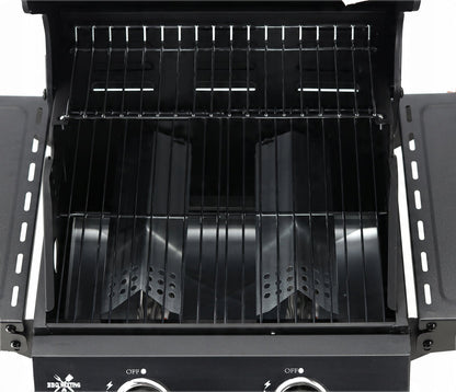 BarbecuePro Gas Grillwagen – Schwarz, 2‑Brenner, Thermometer, Klappbare Tische