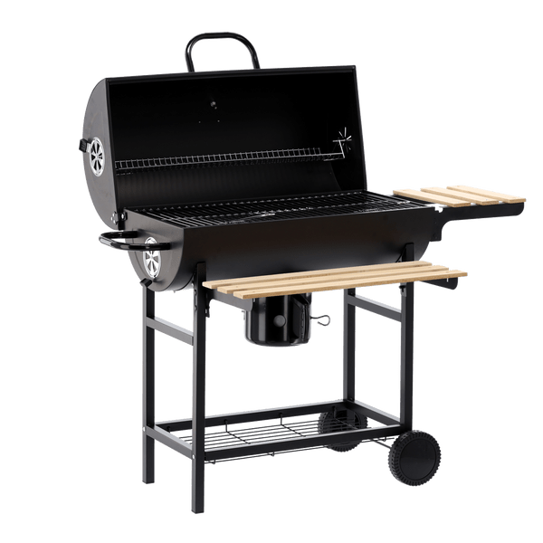 BarrelPro Holzkohlegrill mit Deckel, Thermometer und Ablagen – Schwarz