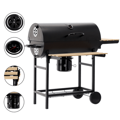 BarrelPro Holzkohlegrill mit Deckel, Thermometer und Ablagen – Schwarz