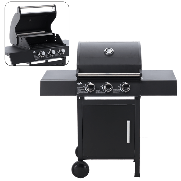 BarbecuePro XL Grillwagen, 3 Brenner, Warmhalterost, Schwarz