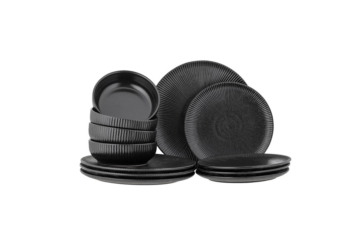 Modernes Geschirrset Fjoren, Schwarz, Steingut (Set aus 3x4 Teilen)