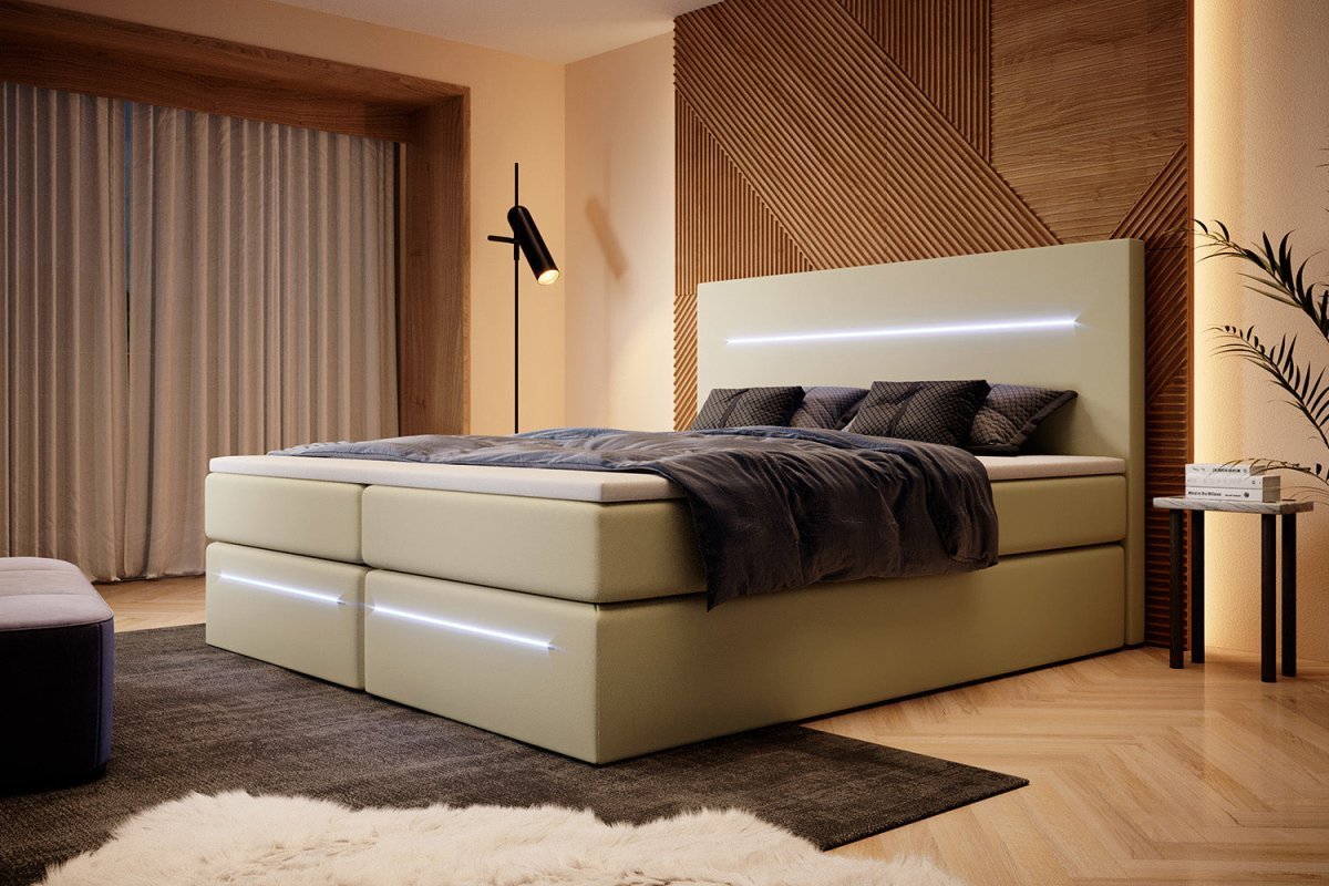 Luxusbetten24 Sejour Boxspringbett mit LED‑Beleuchtung, 140×200 cm, Beige, H3