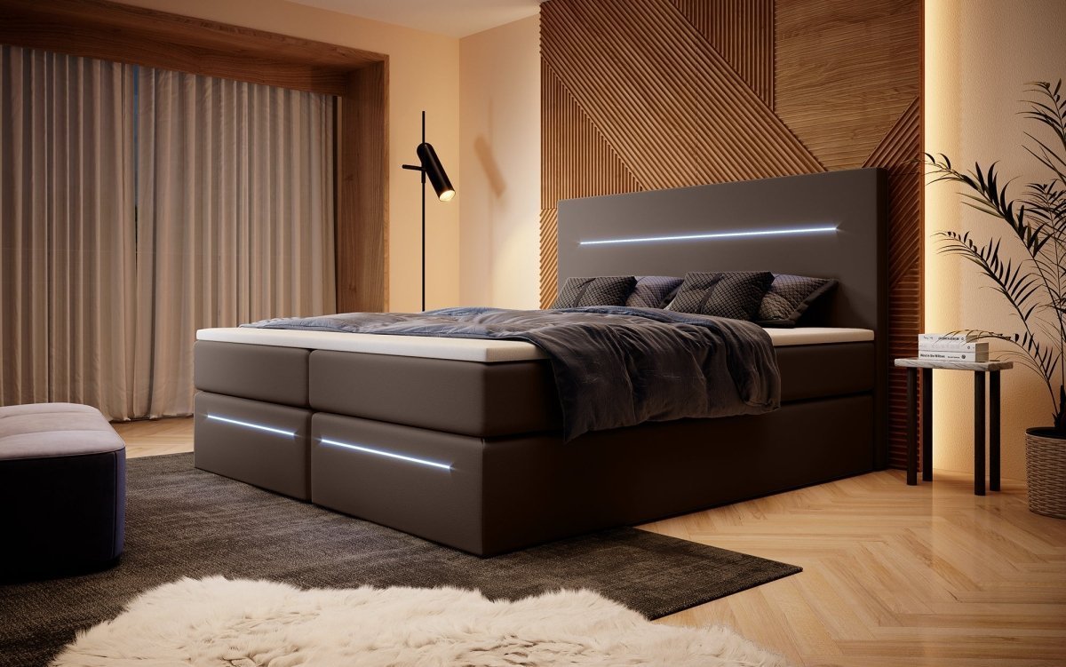 Luxusbetten24 Sejour Boxspringbett mit LED‑Beleuchtung, 140×200 cm, Beige, H3