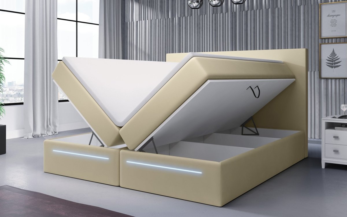 Luxusbetten24 Sejour Boxspringbett mit LED‑Beleuchtung, 140×200 cm, Beige, H3