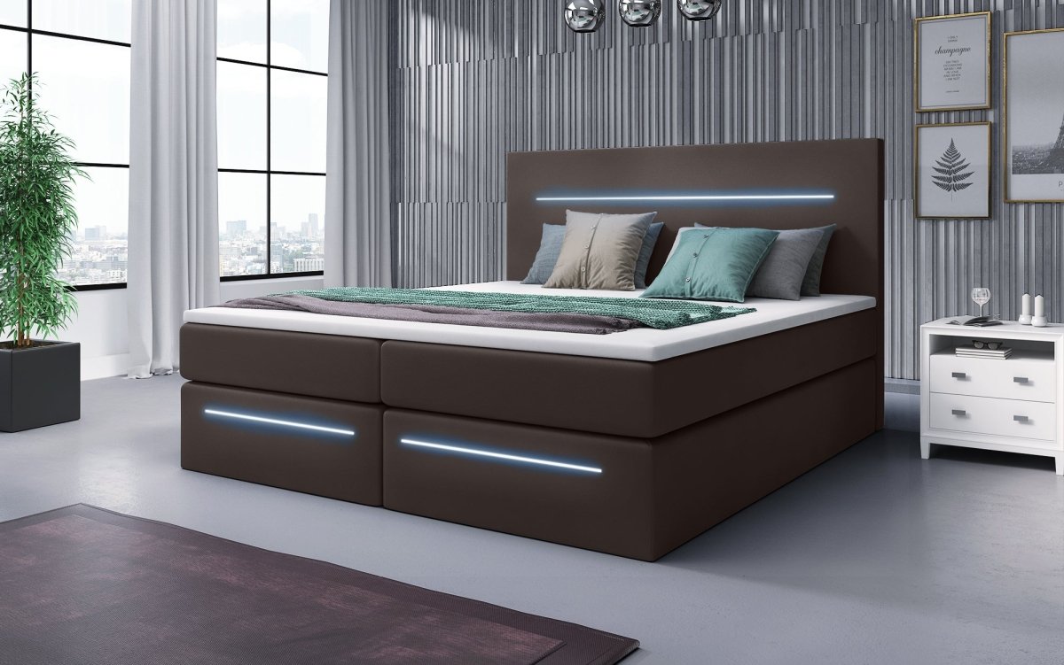 Luxusbetten24 Sejour Boxspringbett mit LED‑Beleuchtung, 140×200 cm, Beige, H3