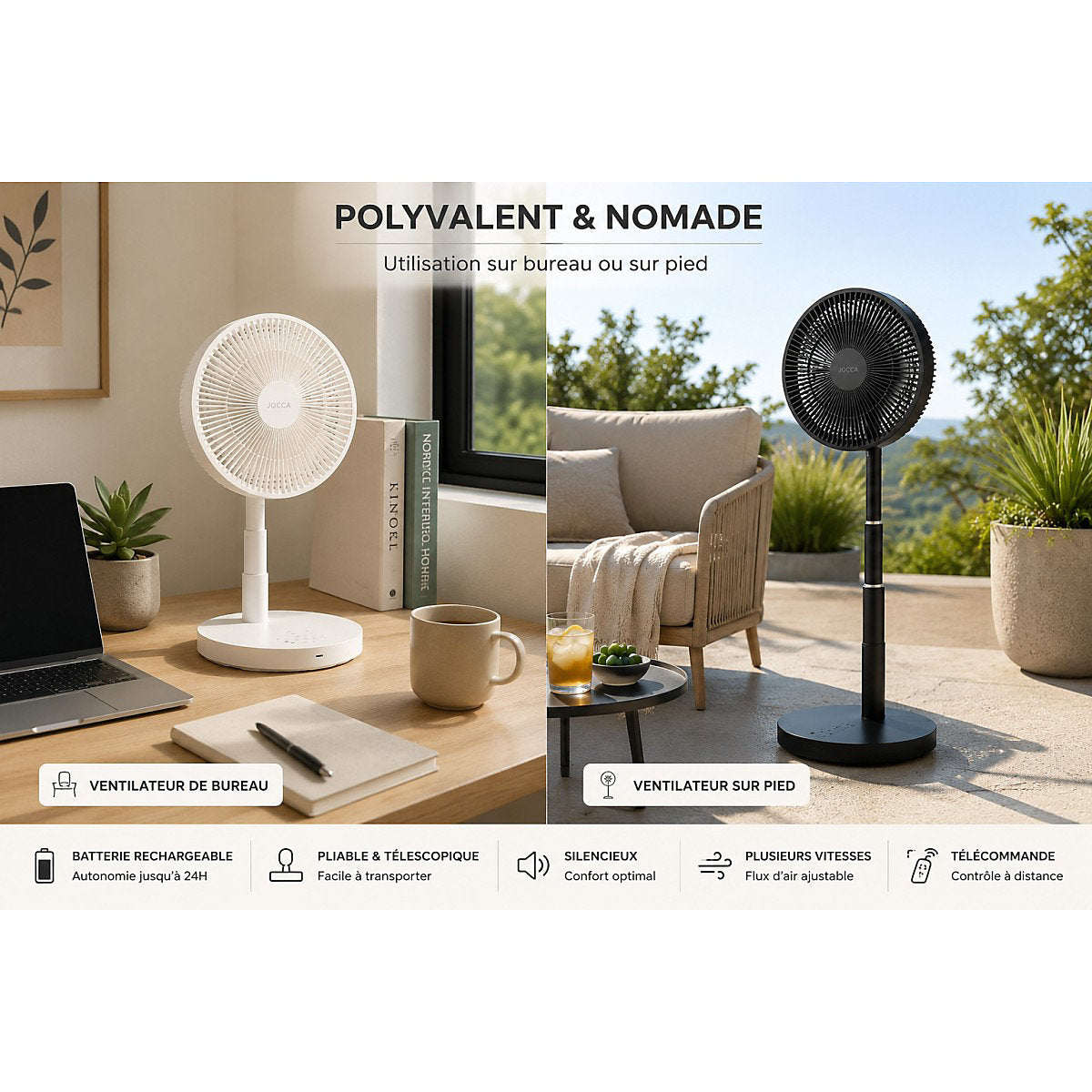 Jocca Ventilador Silencioso de Pie Negro Plegable Telescópico USB 24h