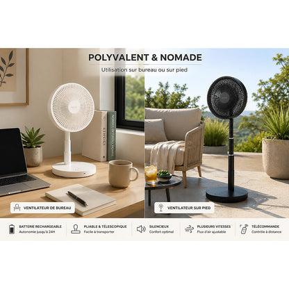 Jocca Ventilador Silencioso de Pie Negro Plegable Telescópico USB 24h