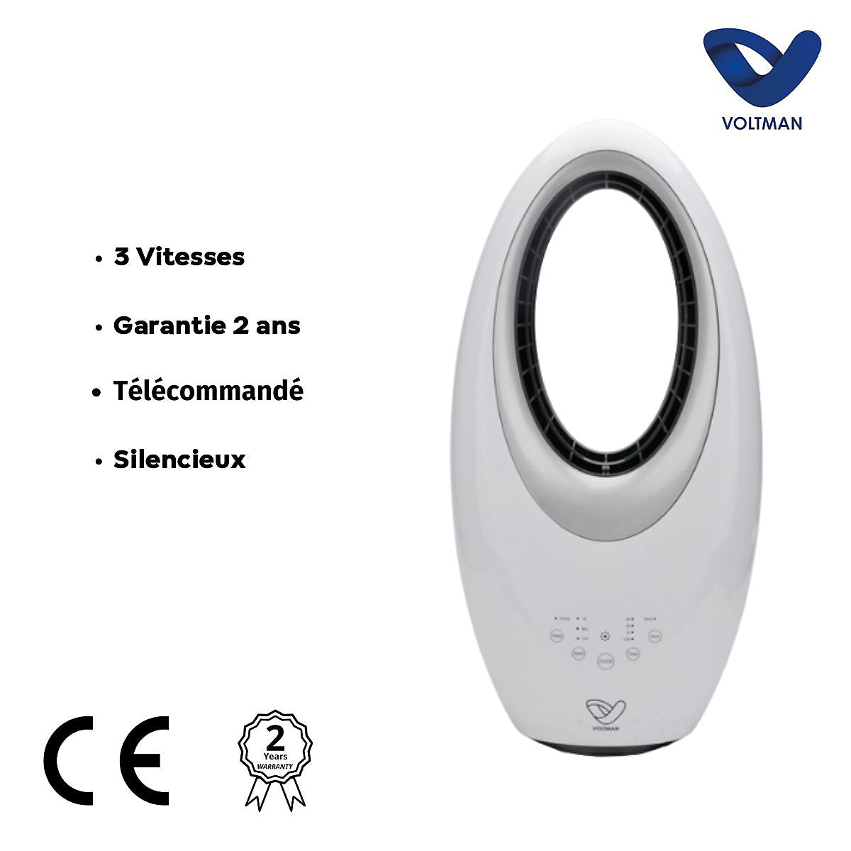 Voltman Ventilador de Columna Sin Aspas 60W Motor Silencioso Blanco