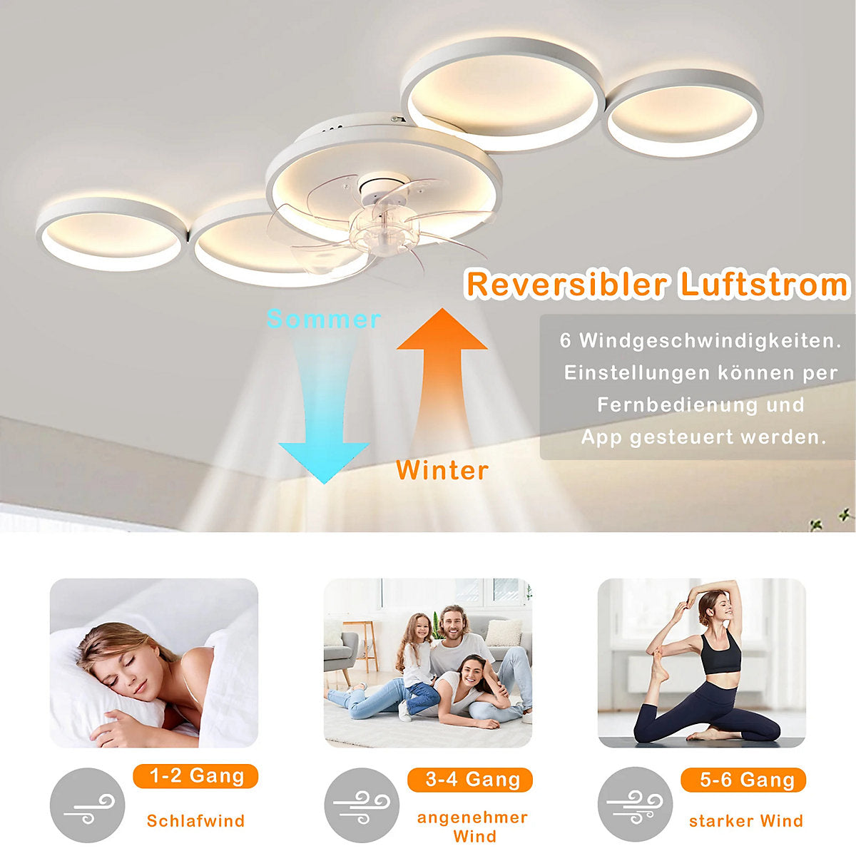 Ventilador Techo 100 cm con Lámpara, Mando, LED Variable, 6 Velocidades