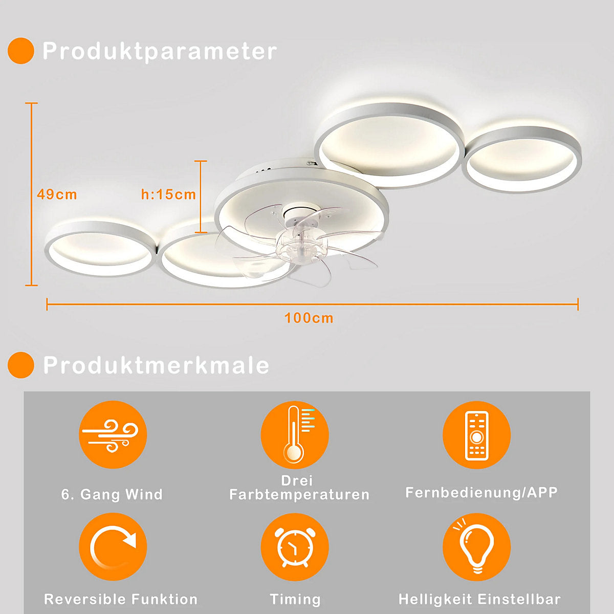 Ventilador Techo 100 cm con Lámpara, Mando, LED Variable, 6 Velocidades